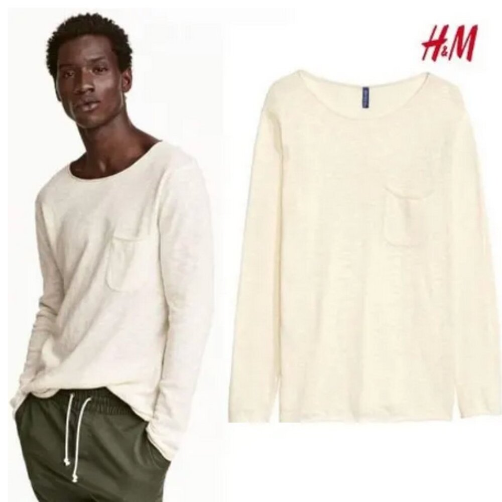 H&M Men's Cream Lightweight Sweater Cotton Oversized Rolled Edge Crewneck sz XL